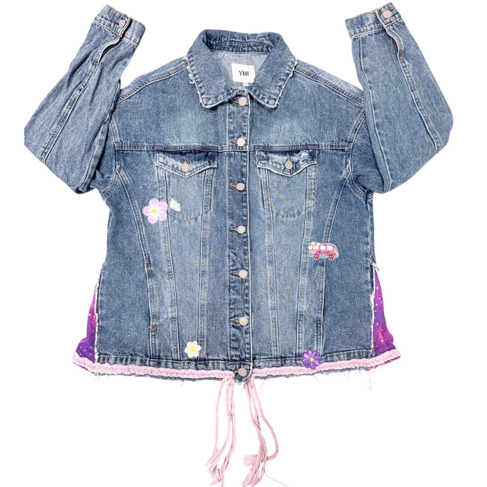 YMI Denim Jacket Distress Patchwork Boho Fairycore Fringe‎ Hem Size L